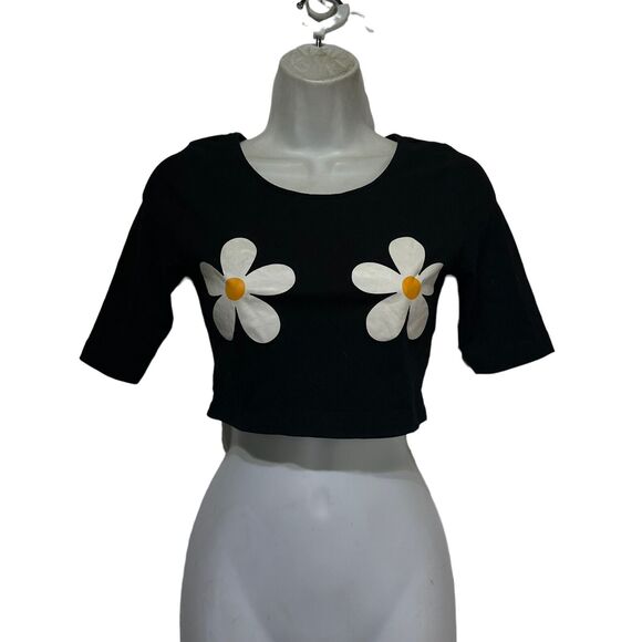 black floral daisy crop top short sleeve blouse Size S - Picture 1 of 4